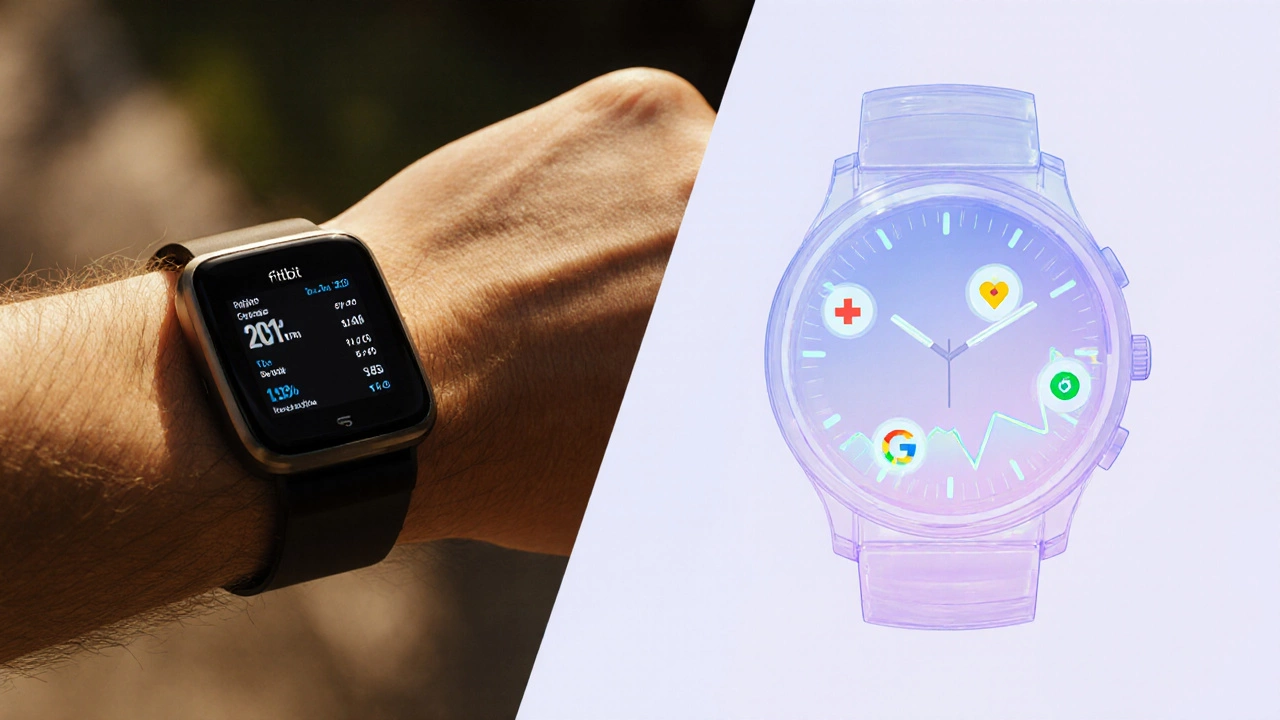 Split image showing a Fitbit device and its health data transformed into a Wear OS interface.