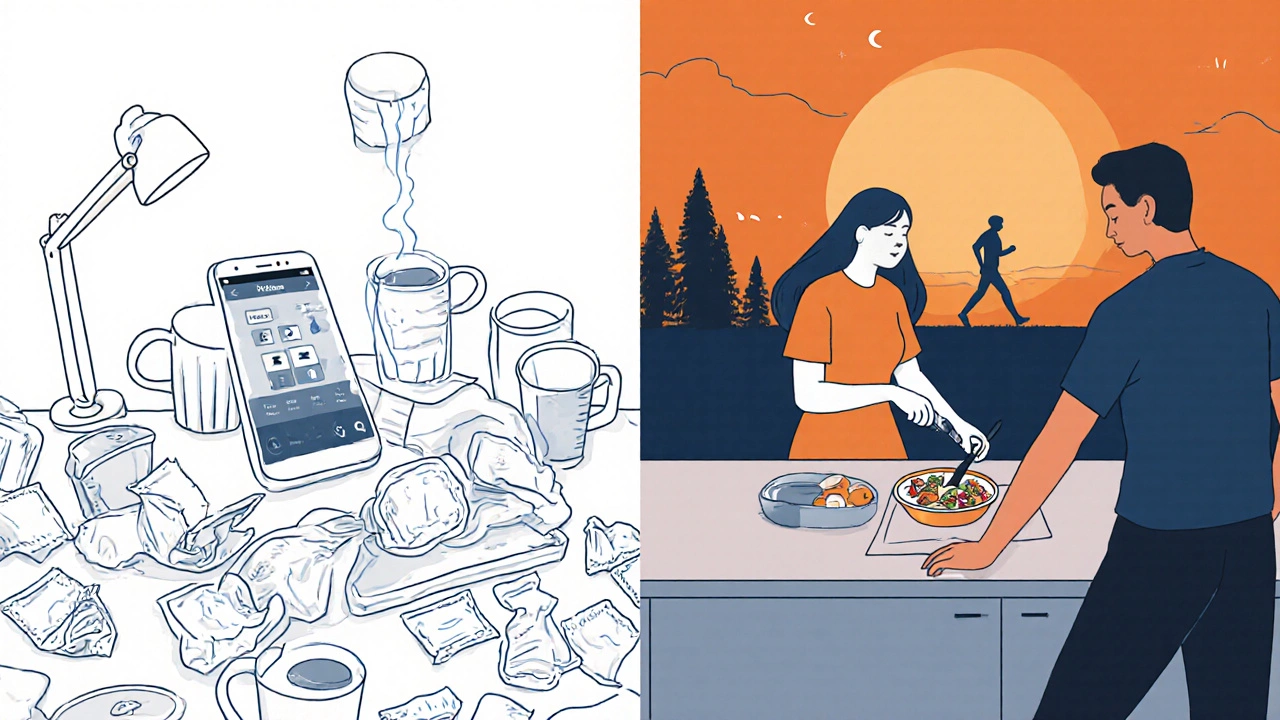 Split image showing chaotic app use on one side and healthy habits on the other.