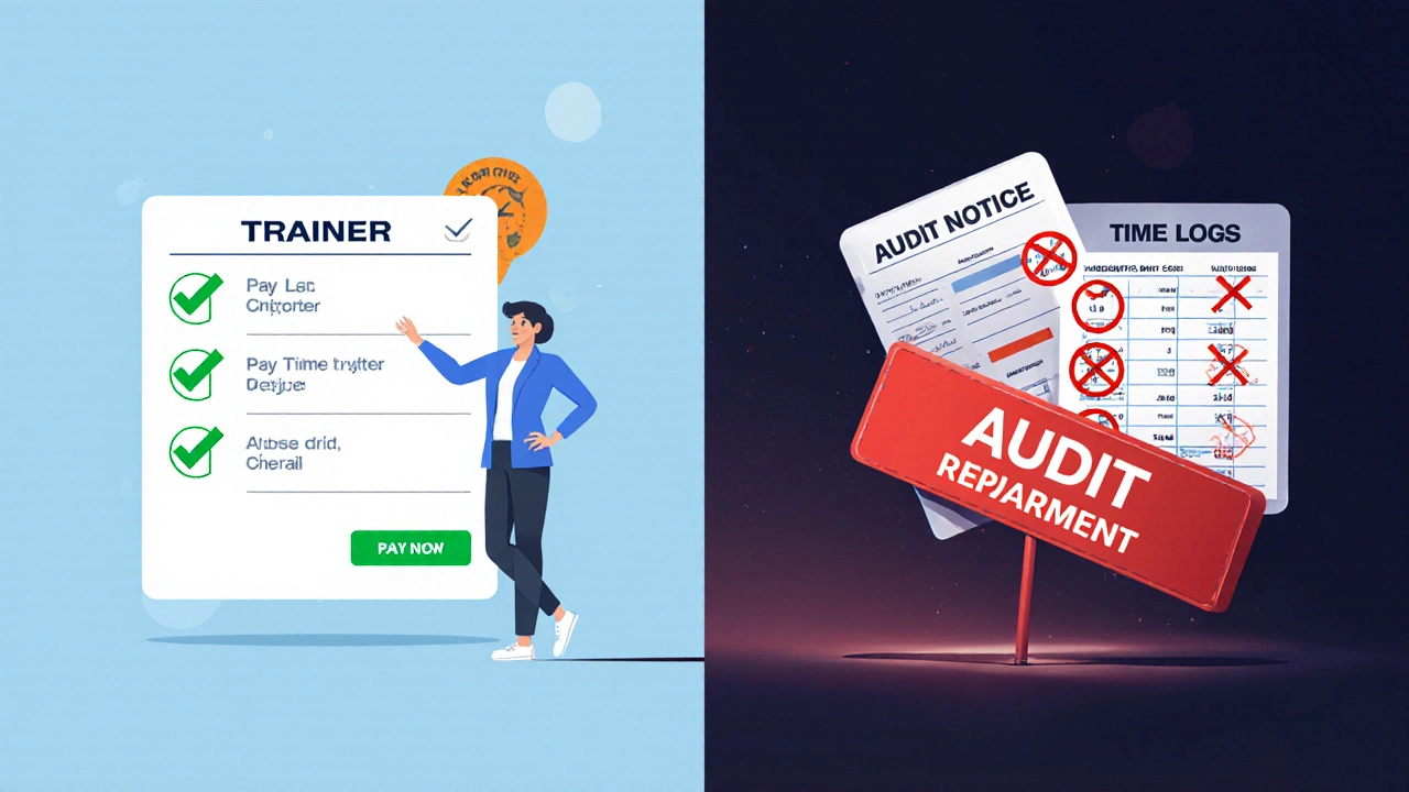 Split image showing correct billing on one side and audit warning on the other.