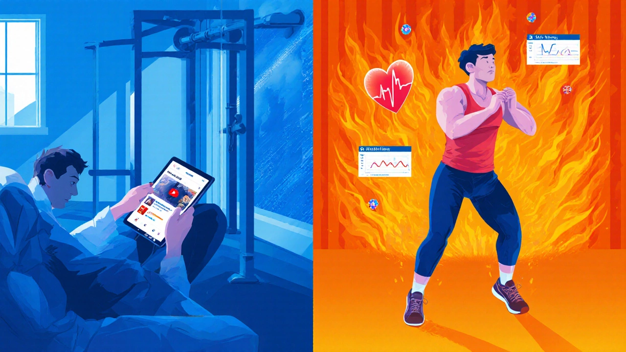 Split scene: person scrolling on tablet versus actively working out, with digital fitness data floating in air.
