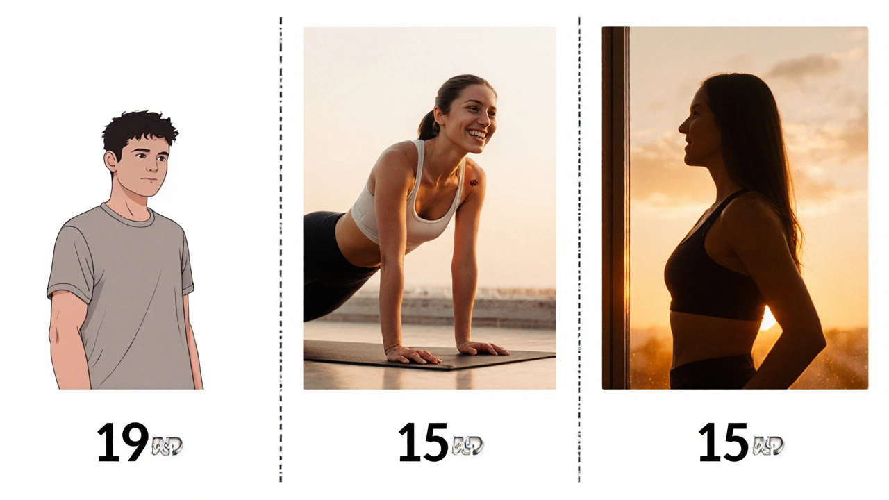 Split visual showing body transformation from tired to toned over eight weeks.