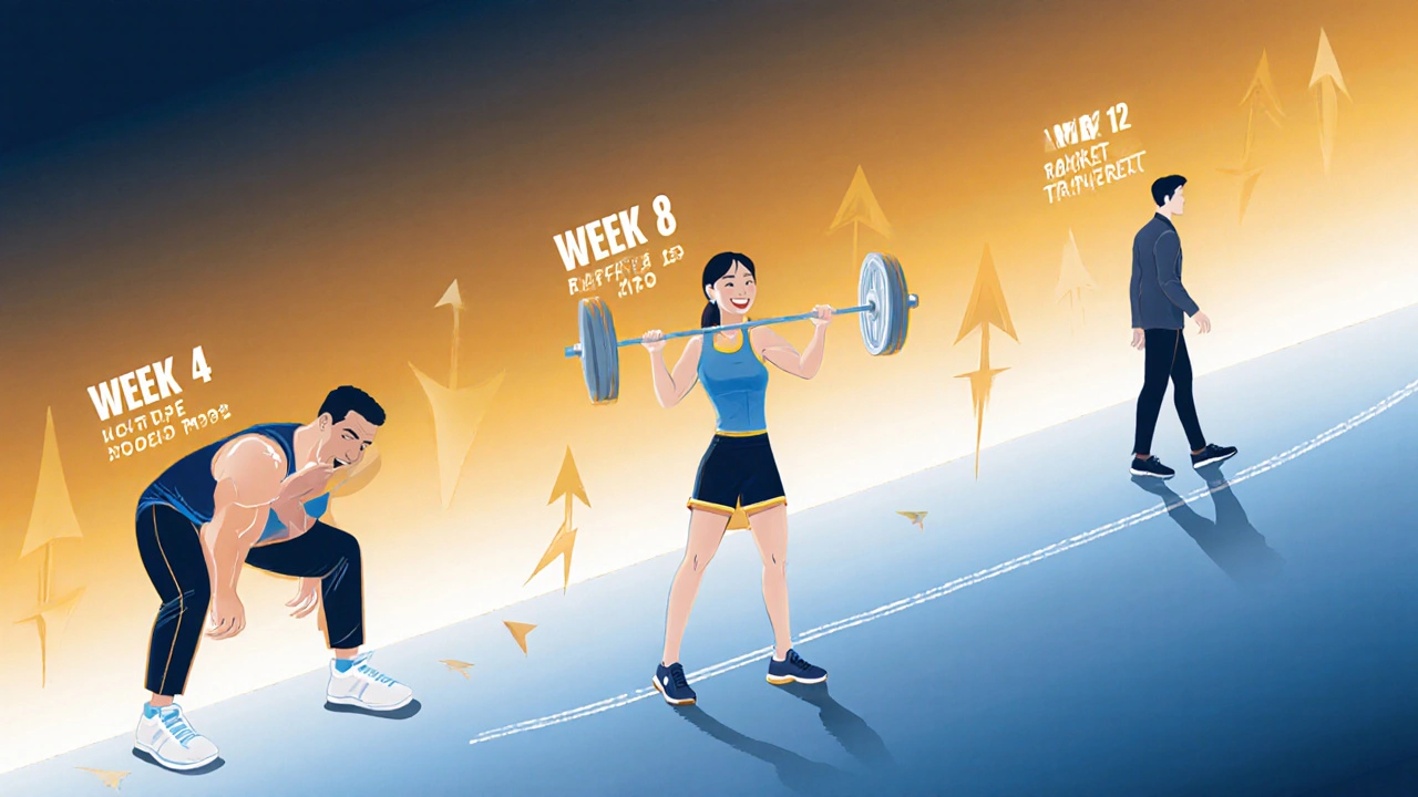 Timeline illustration showing fitness progress from week 4 to week 12 with growing confidence.