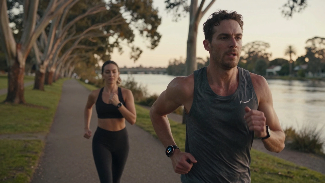 A runner wearing a fitness watch with GPS data displayed, jogging along a riverside trail at sunrise.