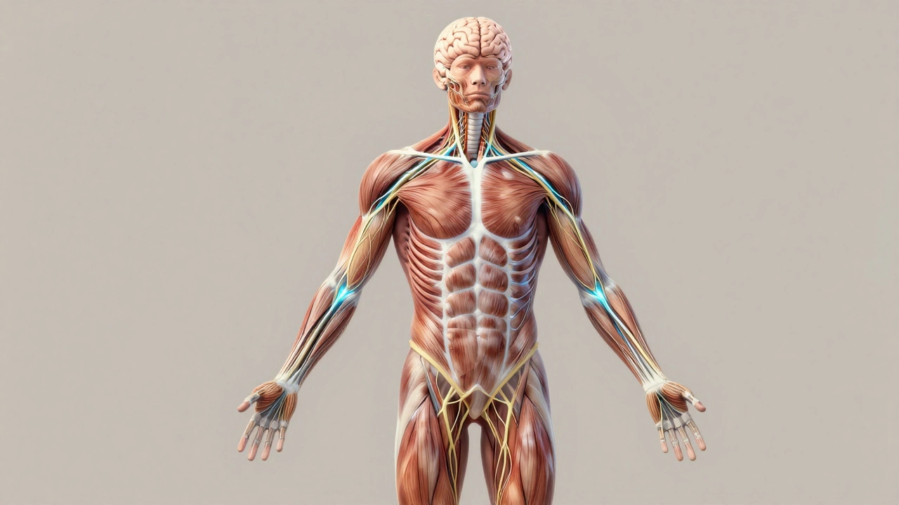 A stylized illustration showing neural pathways activating muscle fibers in the torso.