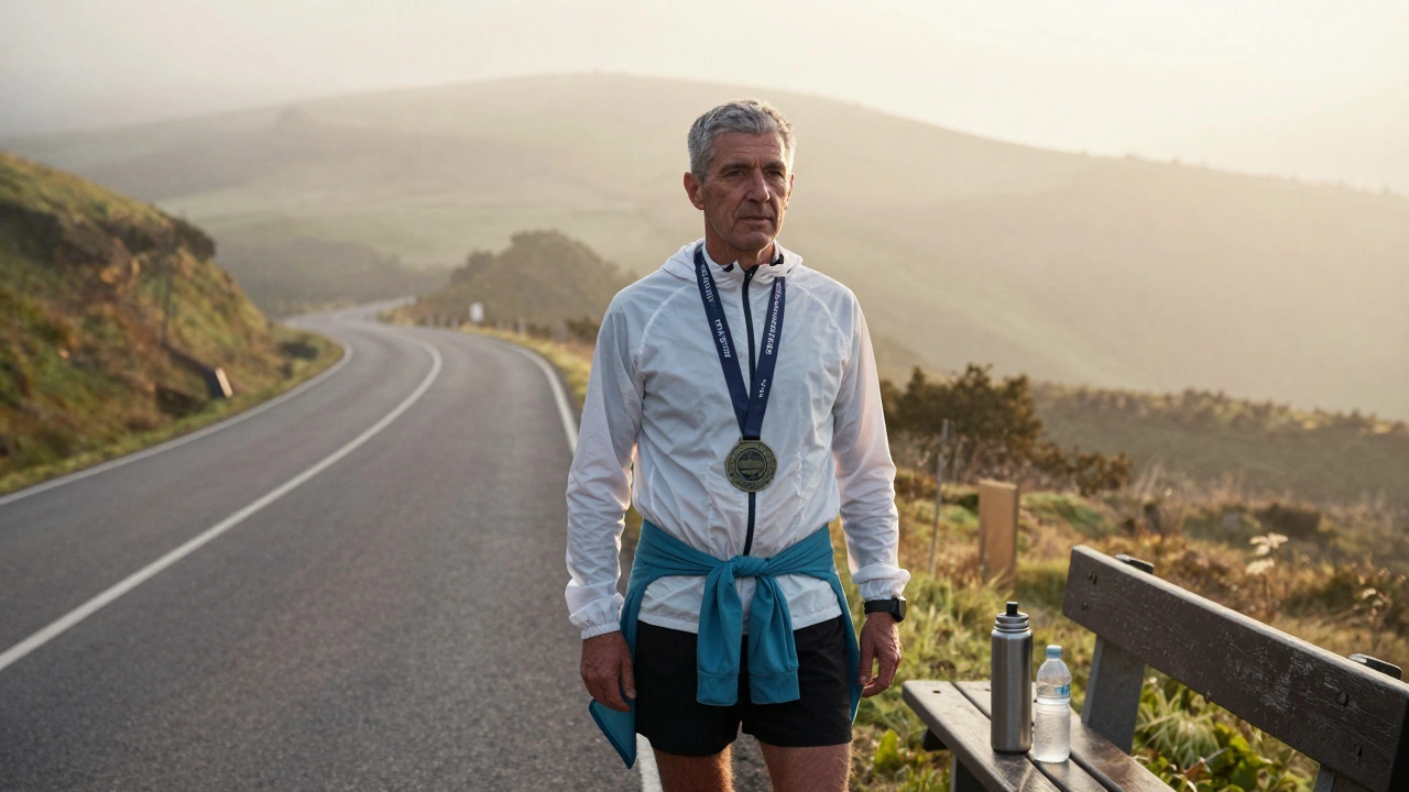 Advanced runner stretching after an 18K run at sunrise with a half-marathon medal.