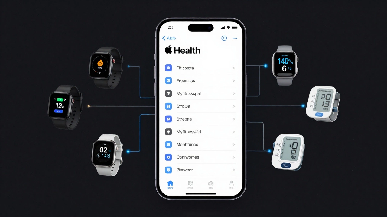 Apple Health dashboard aggregating fitness data from multiple apps on an iPhone screen.