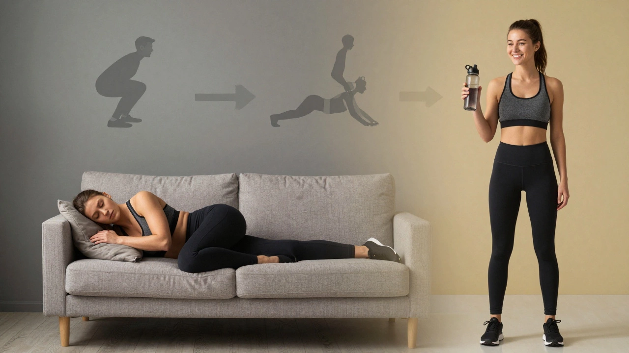 Before and after transformation: tired person on couch vs. strong person standing tall after home workouts.