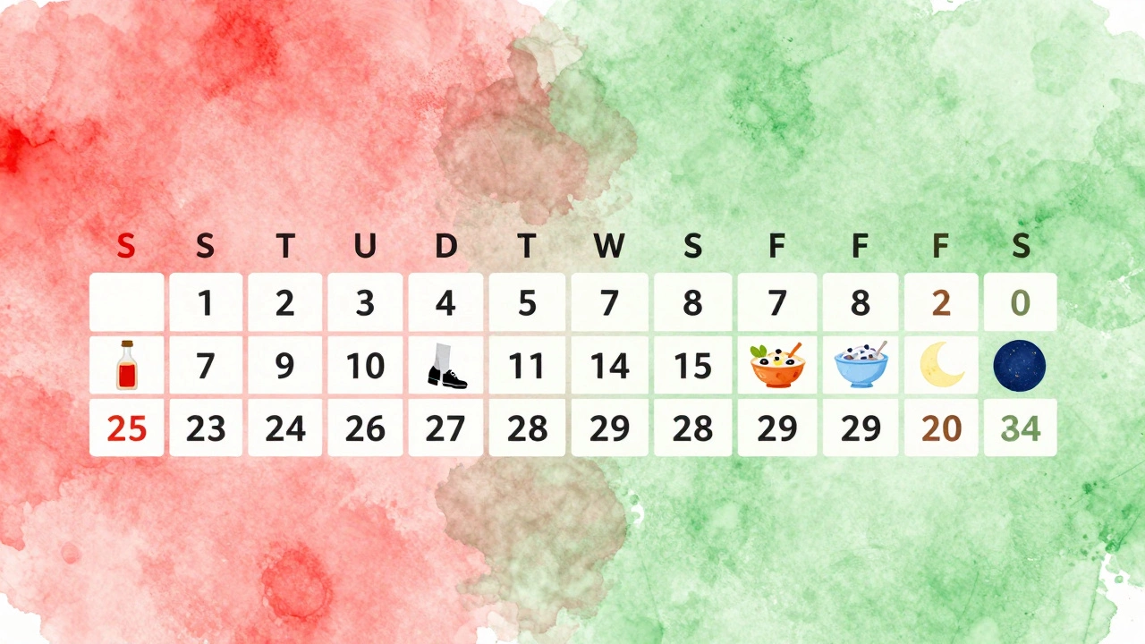 Calendar showing 12 weeks of daily healthy habits leading to sustainable weight loss.