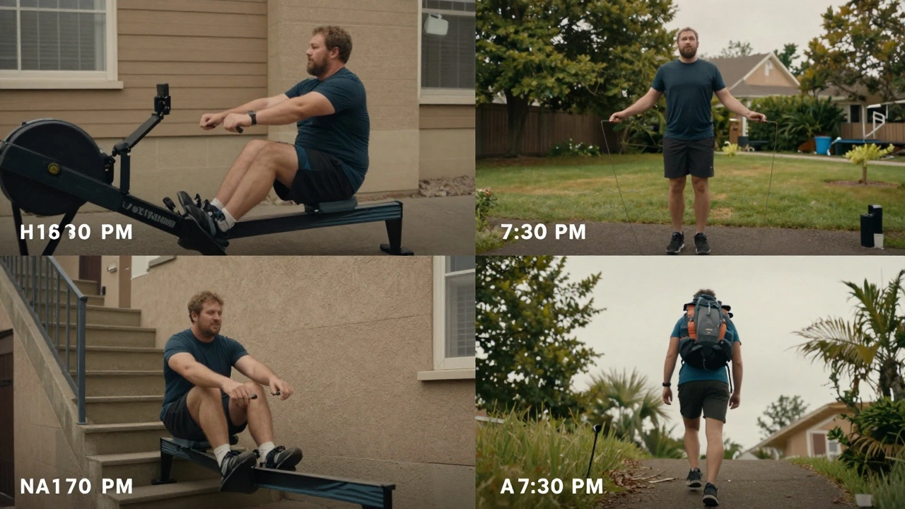 Four activities throughout the day that burn calories: rowing, jump rope, stair climbing, and uphill walking.