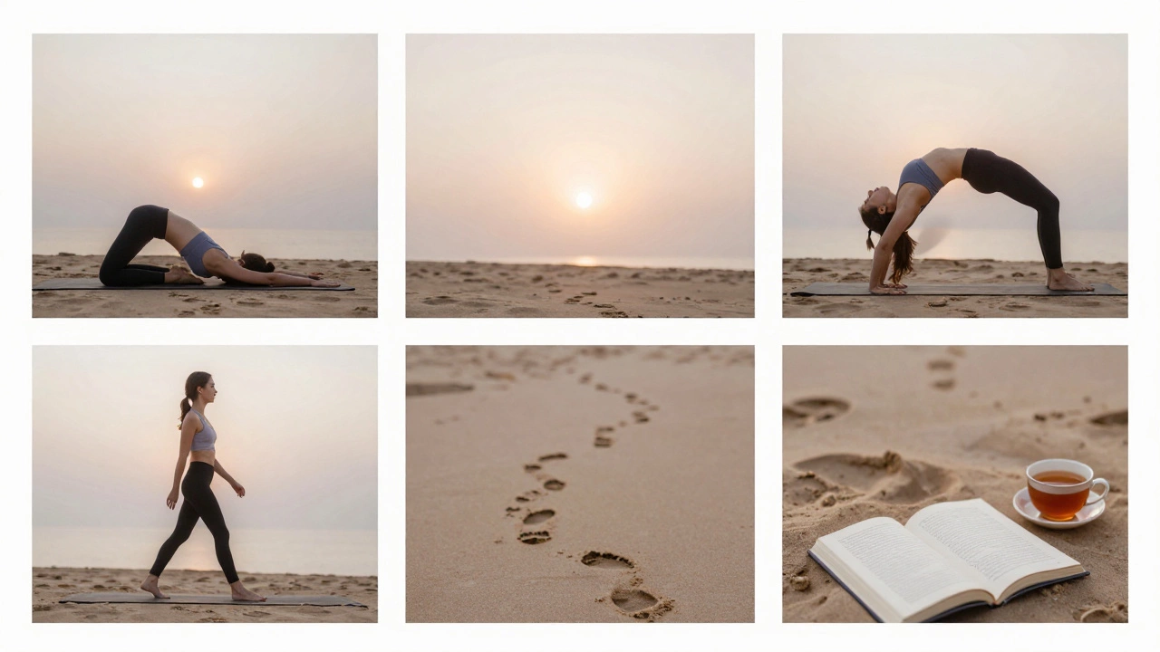 Four-panel visual showing daily 20-minute workouts and rest, connected by footprints leading to sunrise.