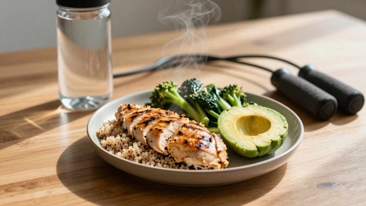 Healthy post-workout meal with chicken, quinoa, avocado, and vegetables on a wooden table.