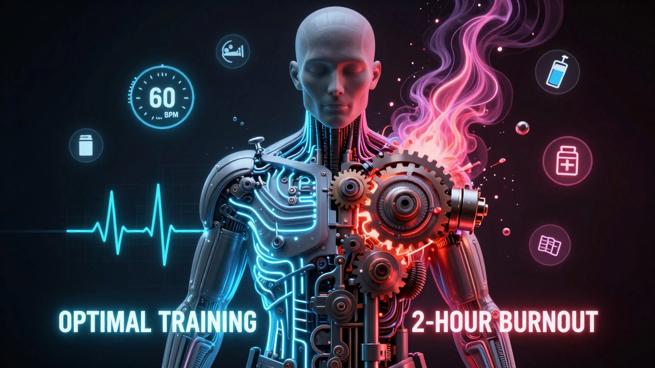 Human body as a machine, showing optimal recovery versus overtraining with glowing circuits and stress symbols.