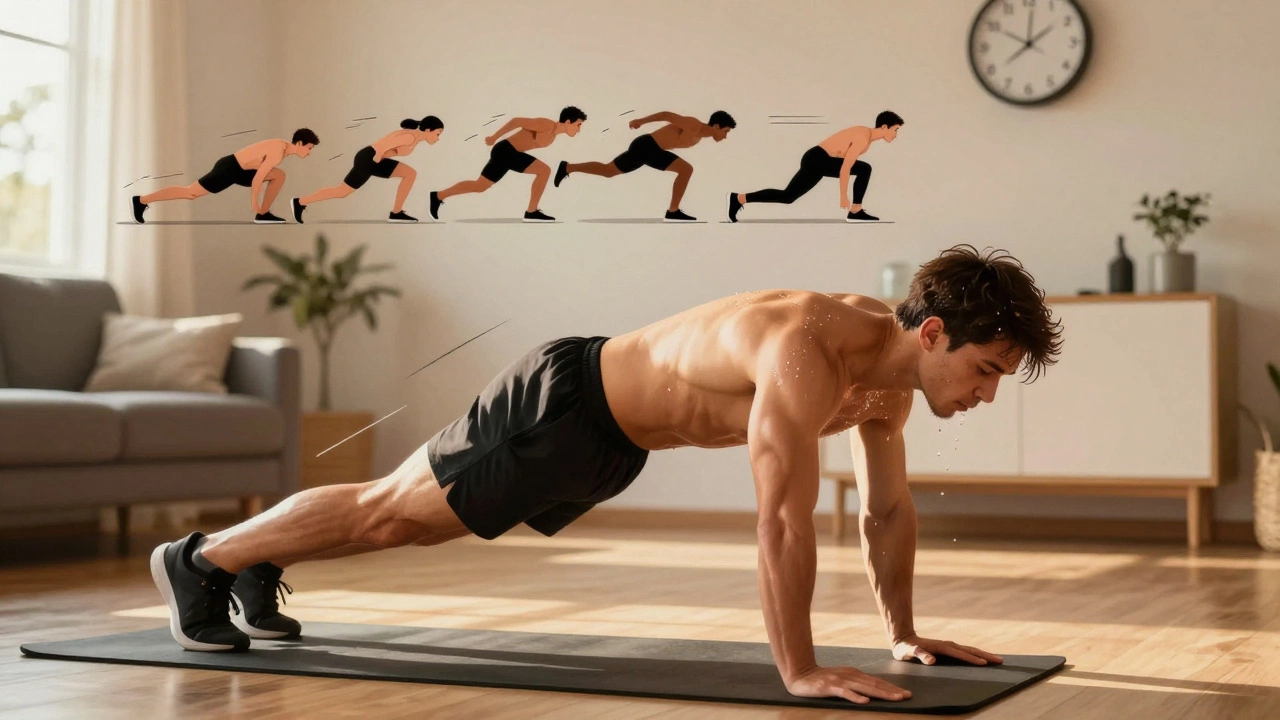 Individual in mid-HIIT burpee during a 30-minute home session with motion blur and golden light.
