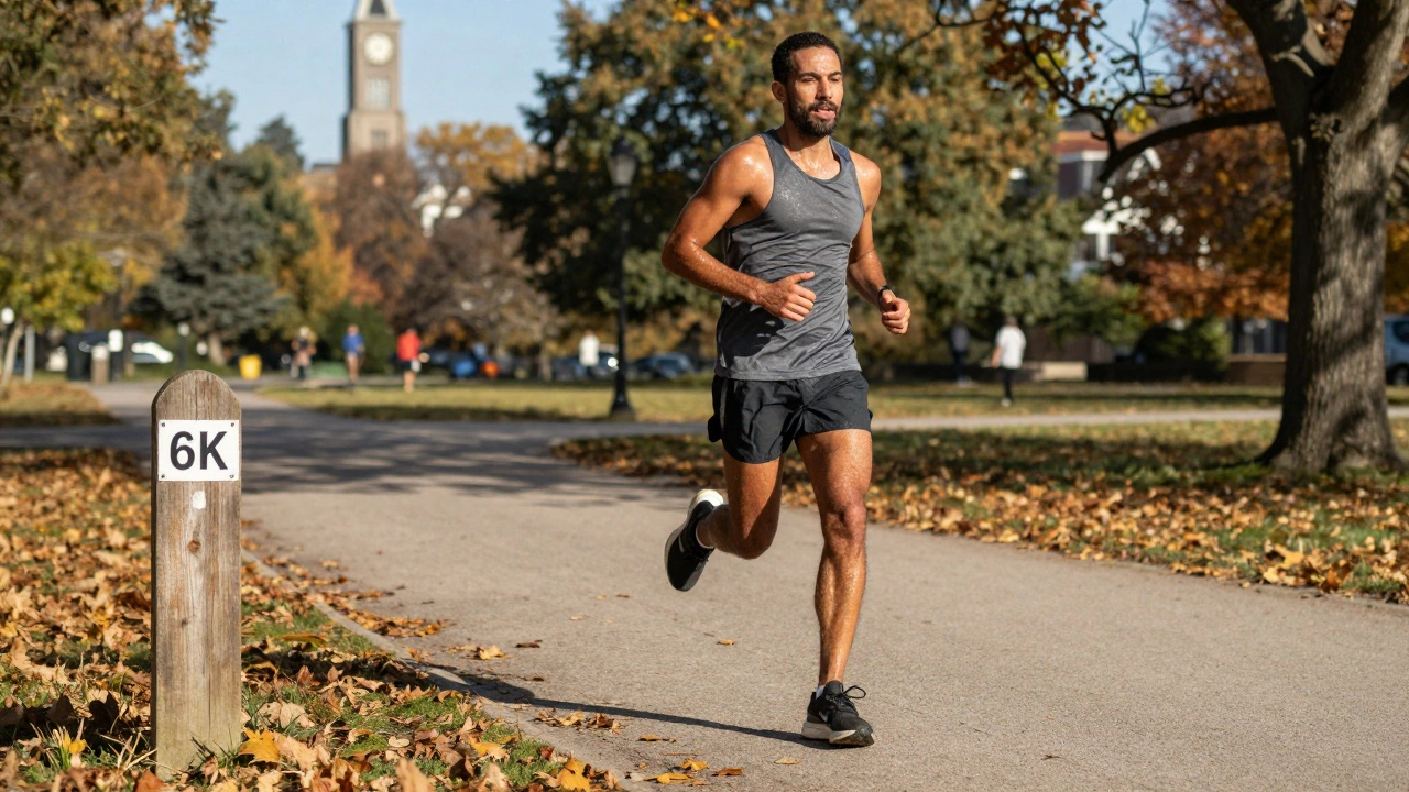 Intermediate runner passing a 6K milestone on a park trail at midday.