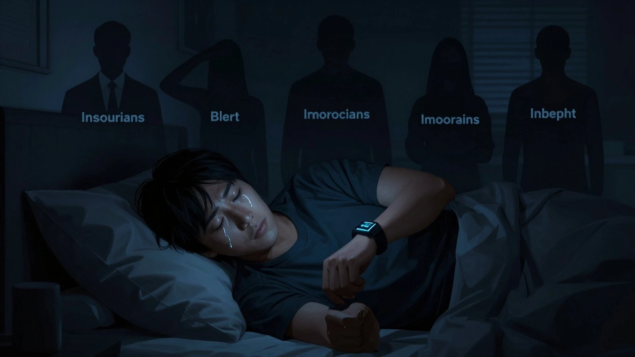 Person lying awake at night, anxious, as shadowy data brokers loom behind them from the glow of a sleep tracker.