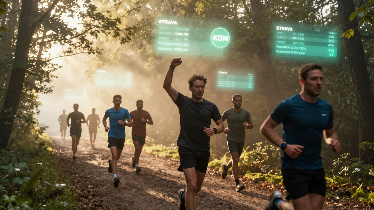 Runners at sunrise with virtual Strava leaderboards glowing above them on a trail.
