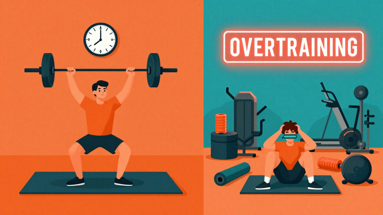 Split illustration comparing efficient 60-minute workout vs. overloaded two-hour session.