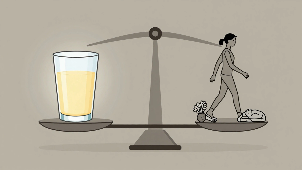 Symbolic scale balancing vinegar with healthy habits like walking, eating, and sleeping.