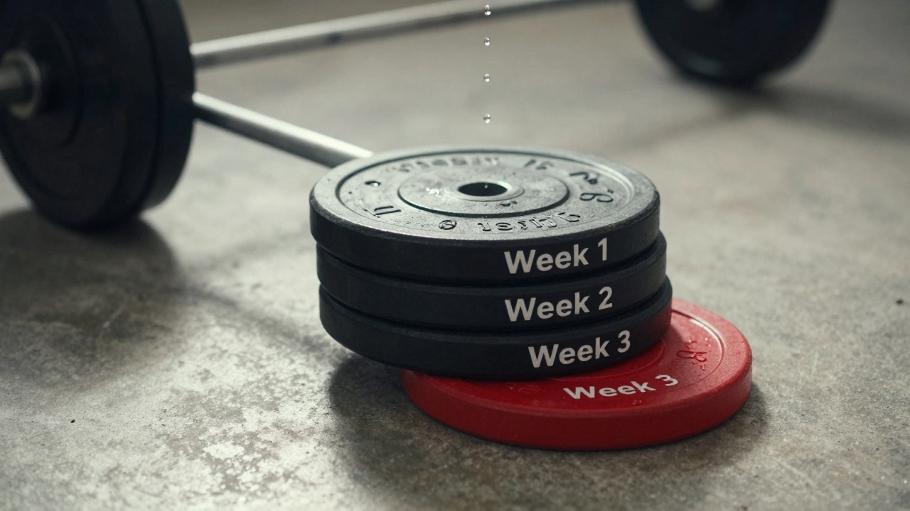 Three stacked weight plates labeled by week, with a single drop of sweat falling from the top.