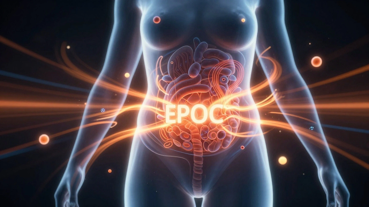 Transparent human torso with glowing fat-burning energy waves around the abdomen during HIIT.