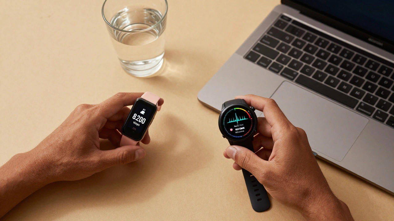 Two hands holding contrasting wearable devices: a basic tracker and a advanced fitness watch with detailed health metrics.