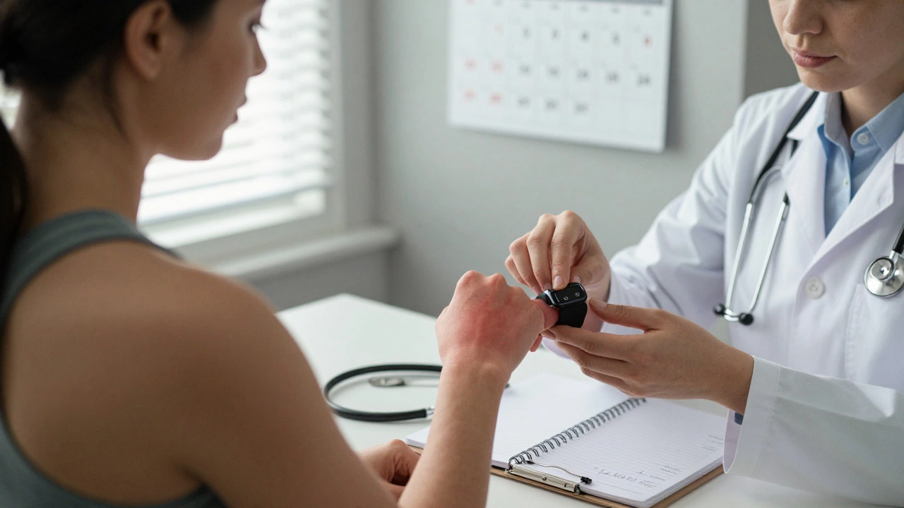Woman removing a fitness tracker showing skin rash, with a doctor’s stethoscope nearby on a table.