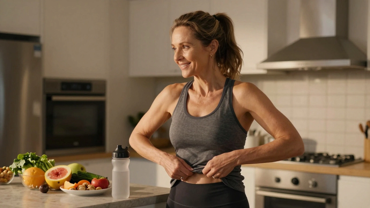 Woman smiling after HIIT in kitchen, healthy food on counter, soft evening light.