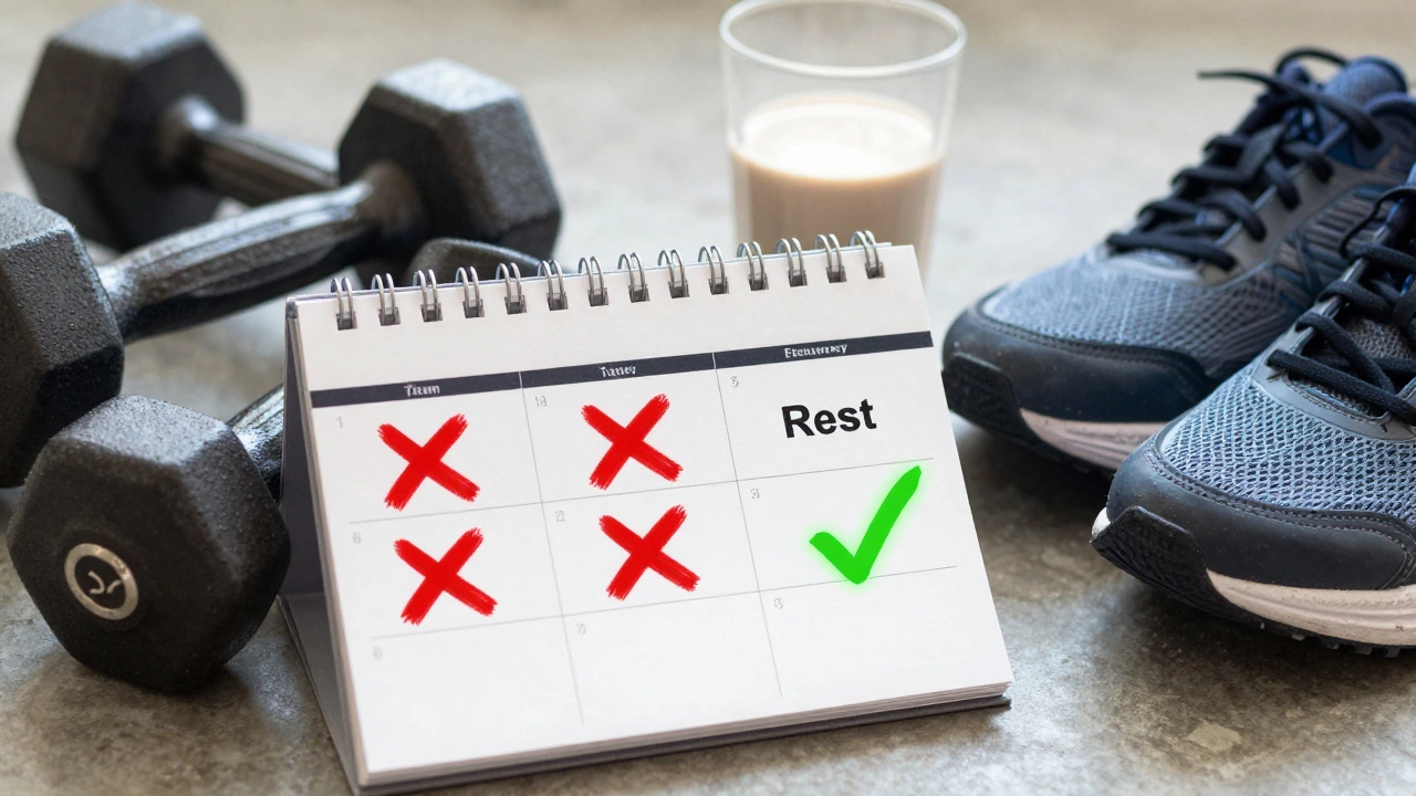 A rest day calendar marked with a green checkmark alongside hydration and recovery essentials.