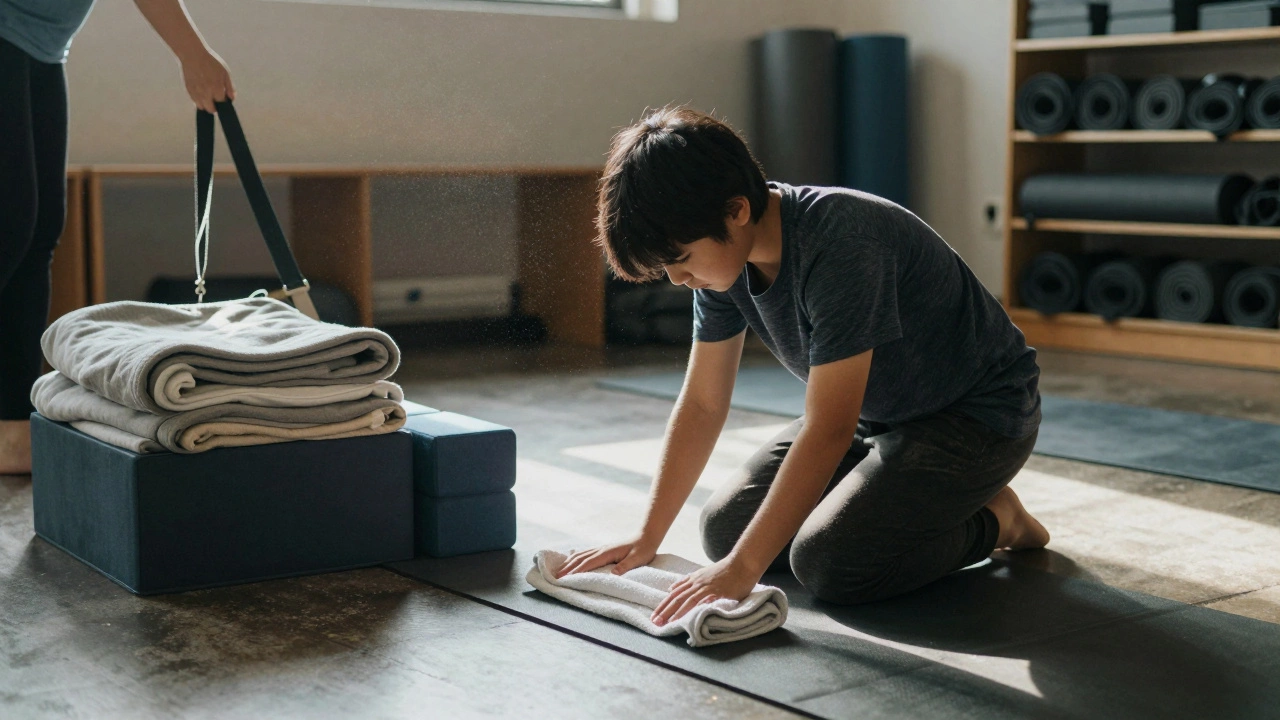 A student cleaning their mat after class in a tidy, organized studio.