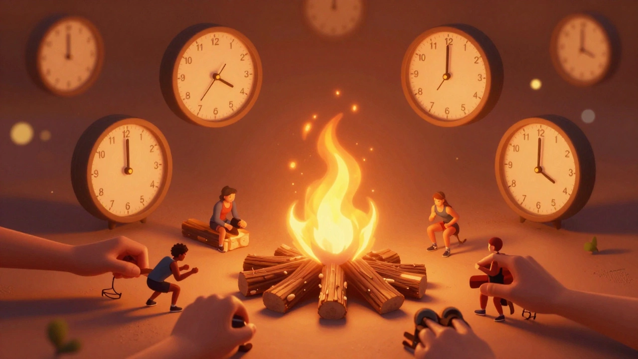 Metaphorical fire with small logs labeled as exercises, burning steadily throughout the day.