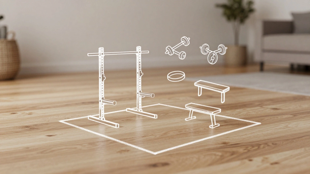 Minimalist diagram of essential home gym equipment floating above a 6x6 foot marked space.