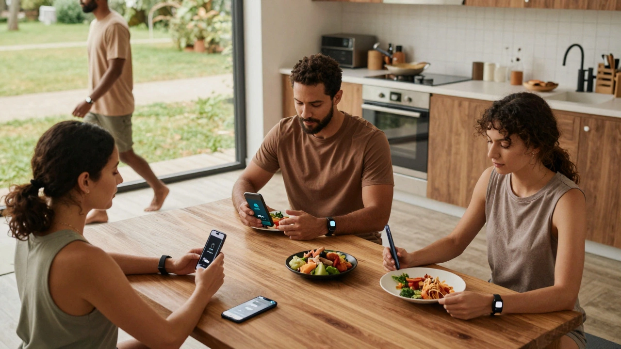 People of different ages using Fitbit app while walking, eating, and meditating in everyday settings.