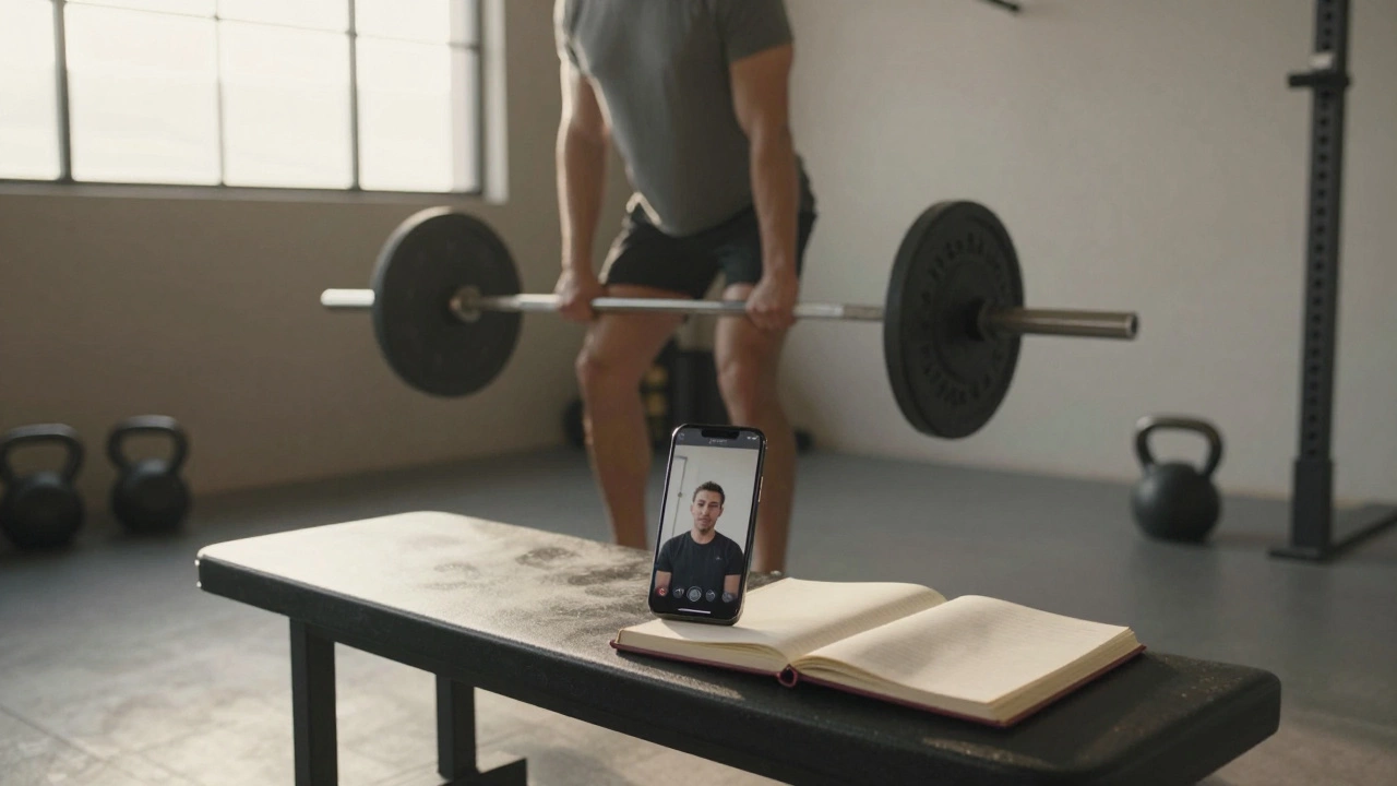 Person performing a deadlift alone at home, with a trainer video call visible on a phone nearby.