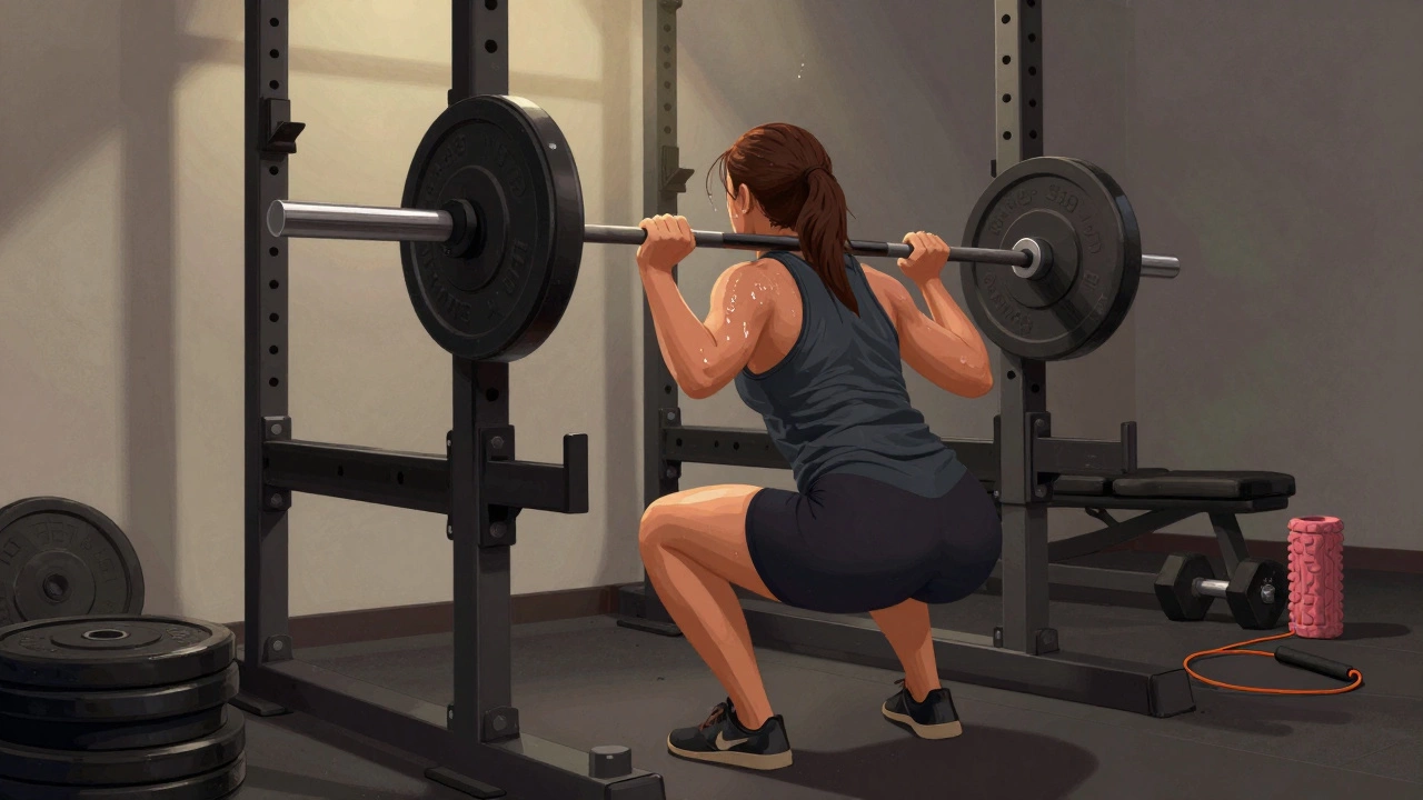 Person squatting safely in a power rack with bumper plates and resistance bands visible in background.