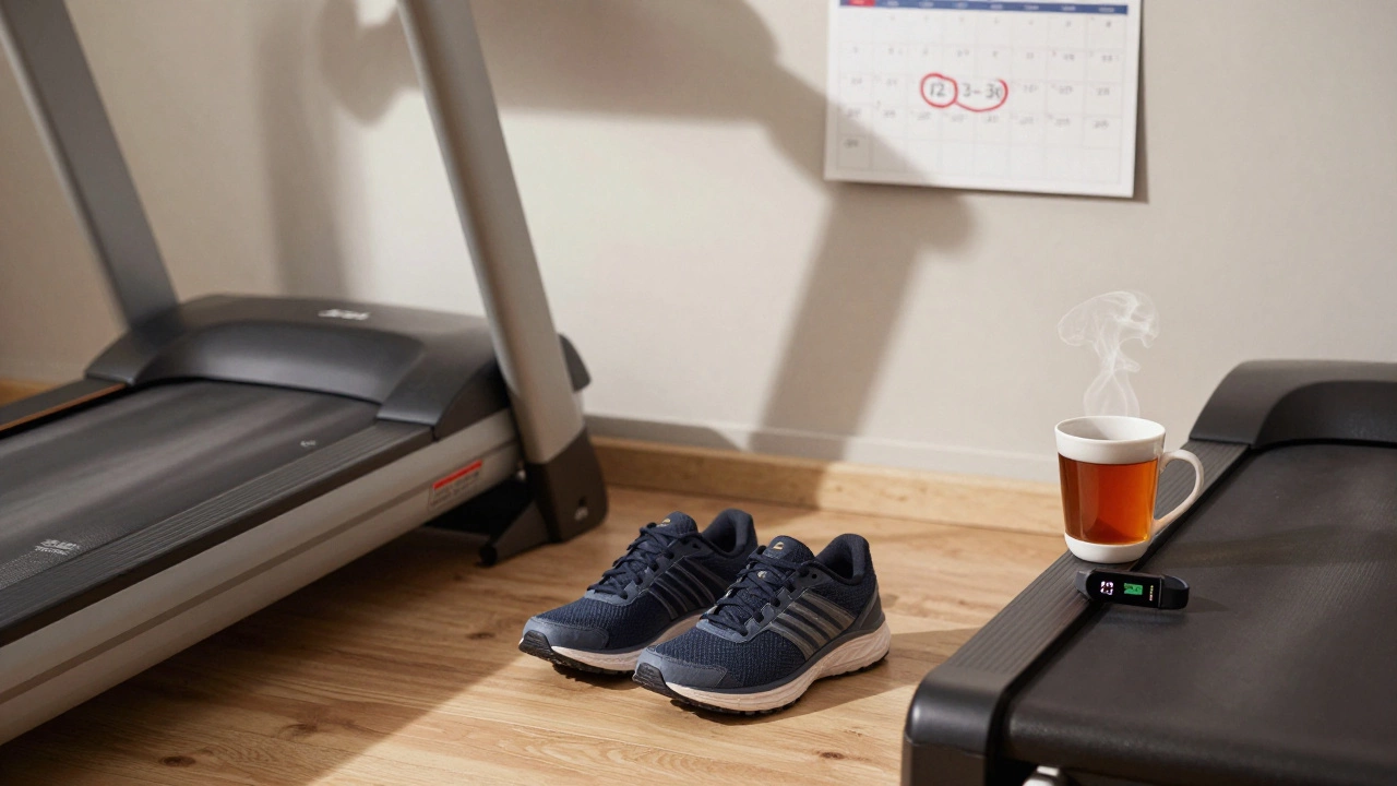 Running shoes and treadmill with calendar showing three circled days of 12-3-30 walks, serene morning light