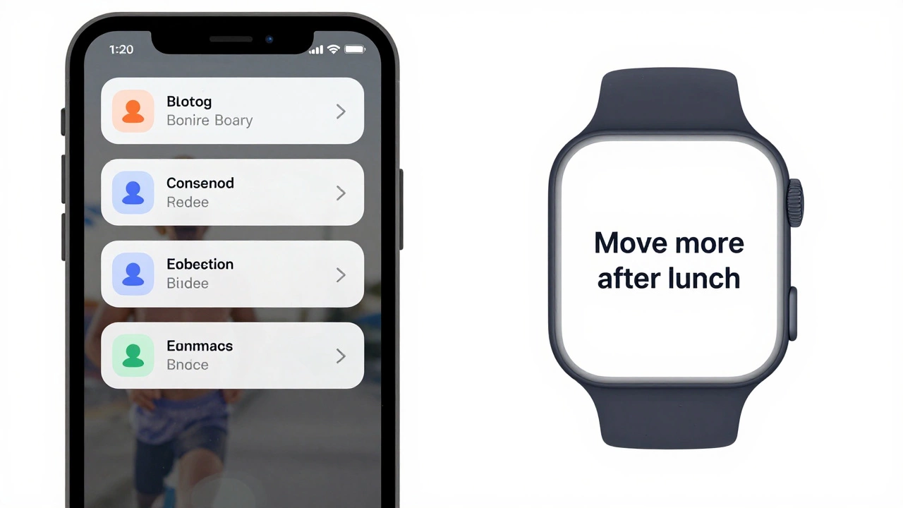 Split-screen: chaotic fitness app notifications vs. calm Fitbit interface with simple encouragement.
