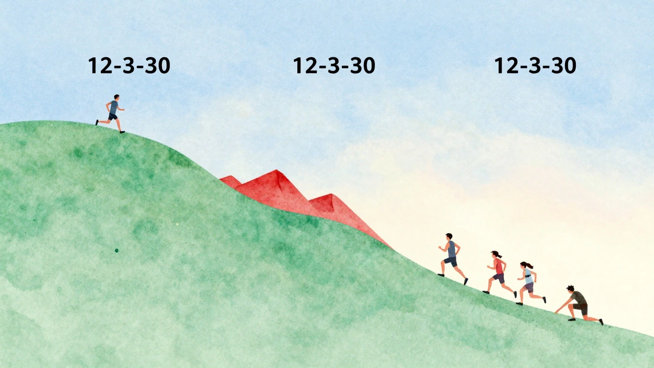 Weekly training plan showing 12-3-30 walks as gentle hills alongside intense runs as jagged peaks
