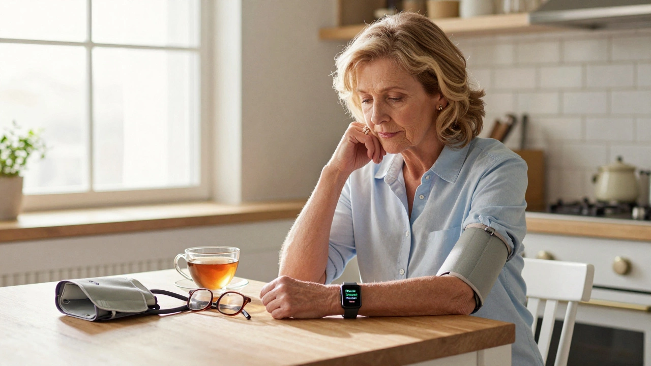 Woman calmly viewing an irregular heart rhythm alert on her smartwatch at home.