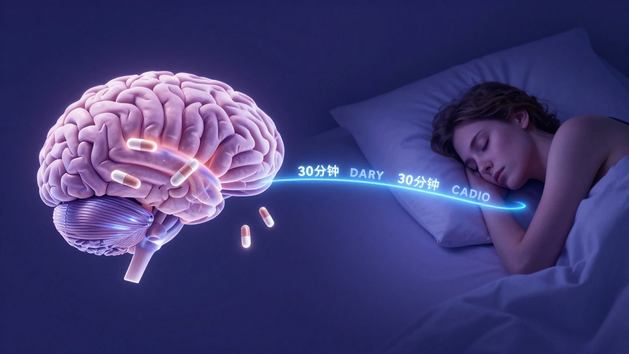 A brain releasing feel-good chemicals and a person sleeping deeply, illustrating the mental and sleep benefits of daily cardio.