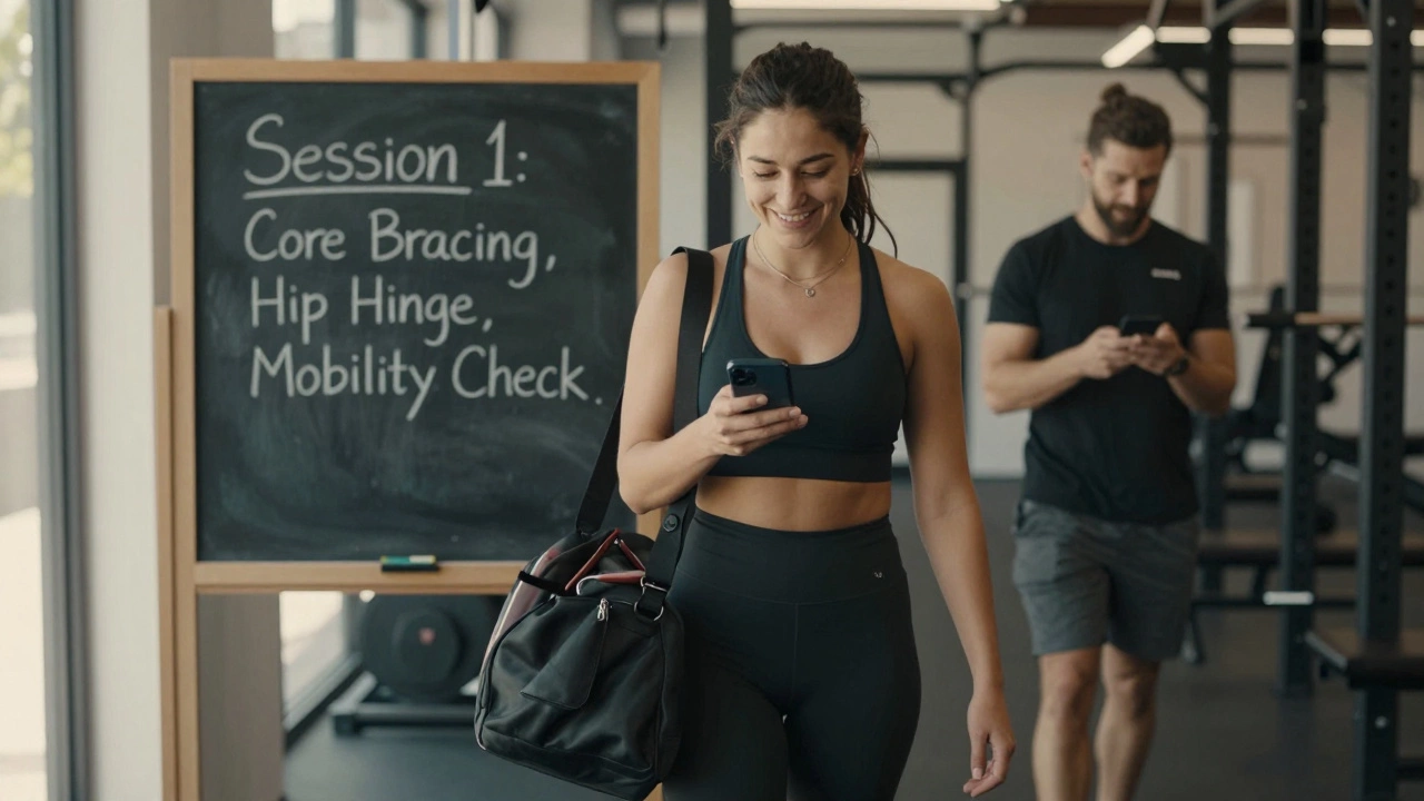 A confident beginner leaving the gym after a session, texting their trainer a form check video.