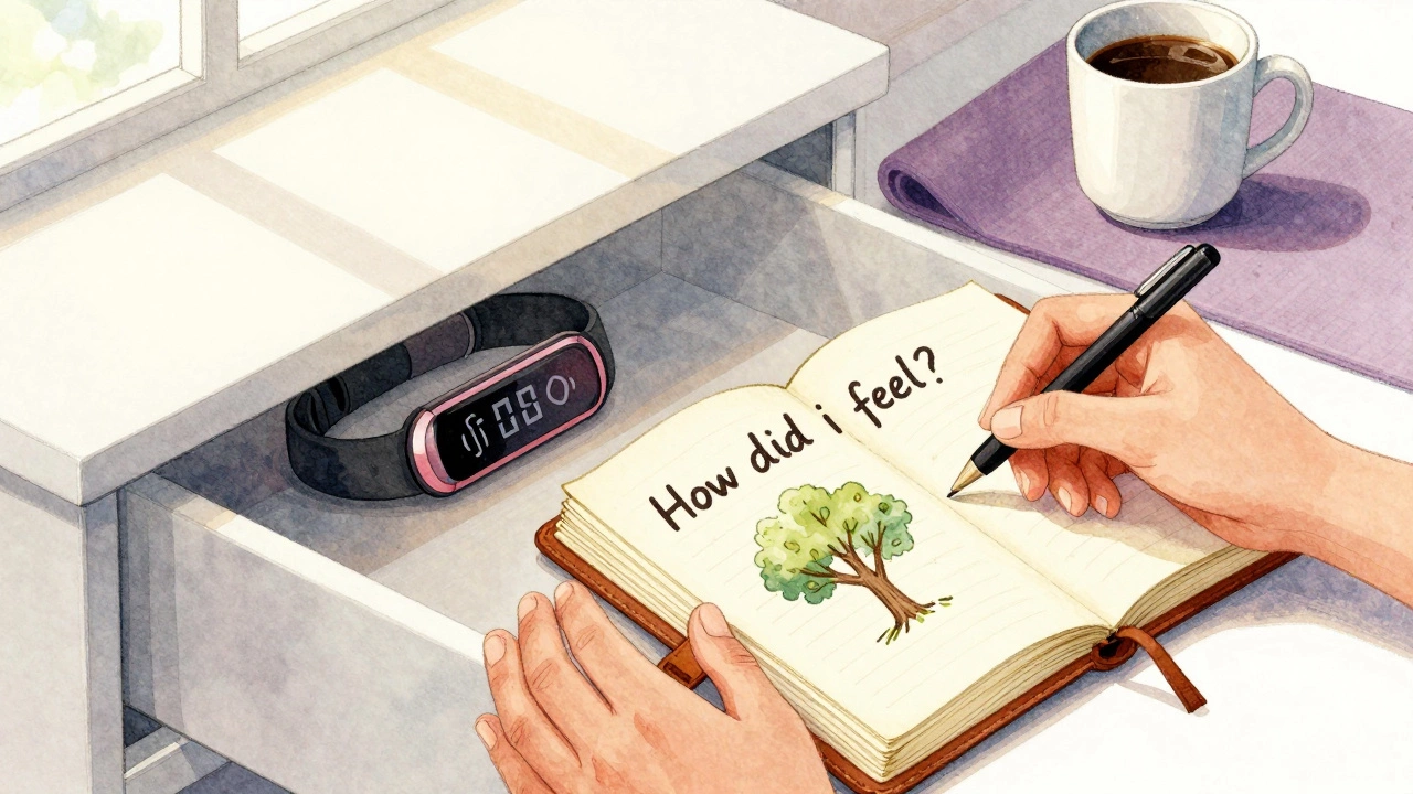 A fitness tracker is put away as someone writes in a journal, symbolizing a return to intuitive movement.