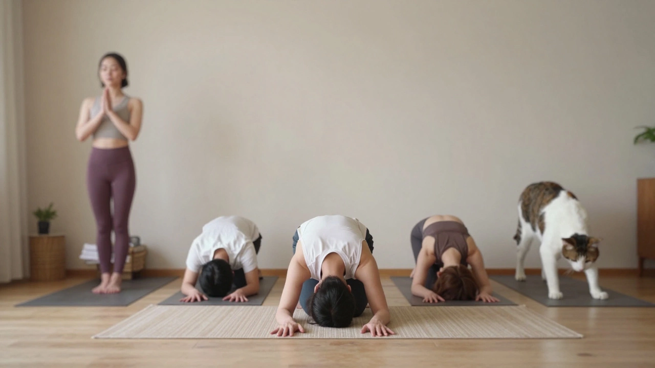 A person practicing five foundational yoga poses in sequence on a rug at home, calm and focused.