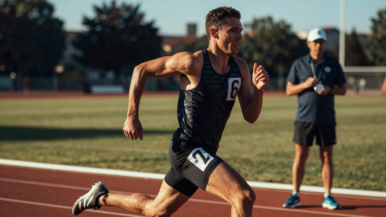A runner pushing hard during an interval sprint on a track, sweat flying, face determined.