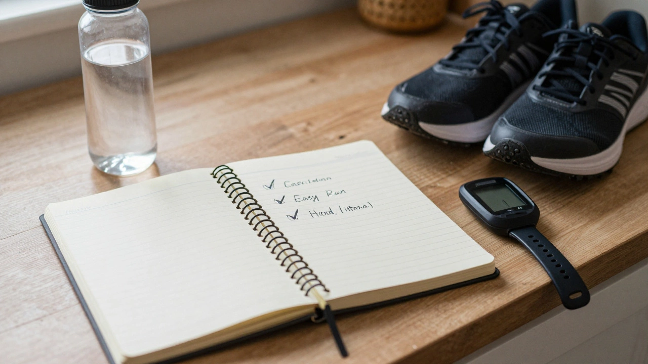 A running journal showing three easy runs and one hard session beside water and shoes.
