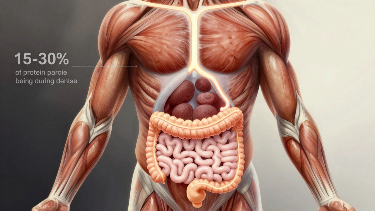 An artistic depiction of protein metabolism boosting fat loss around the abdomen, with glowing energy pathways and muscle retention.