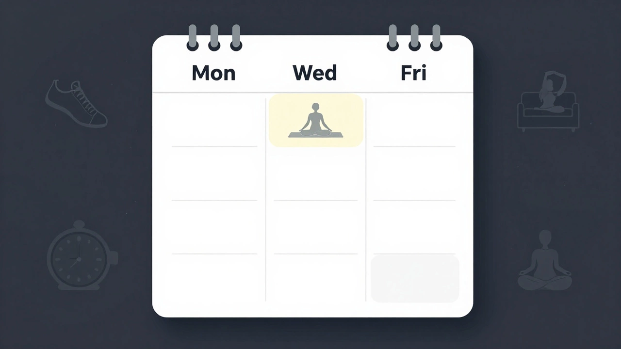 Calendar showing three yoga days with supporting movement habits on off days.
