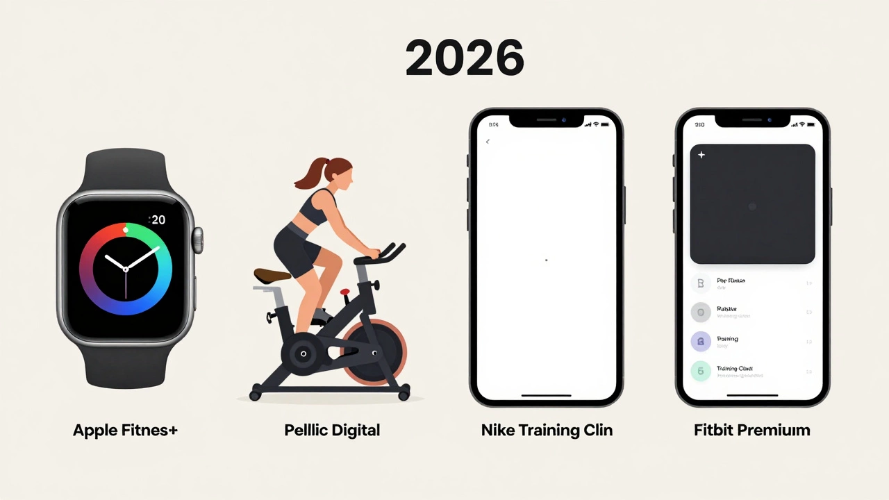 Comparison of Apple Fitness+ with other fitness apps showing live metrics vs. basic video interfaces.