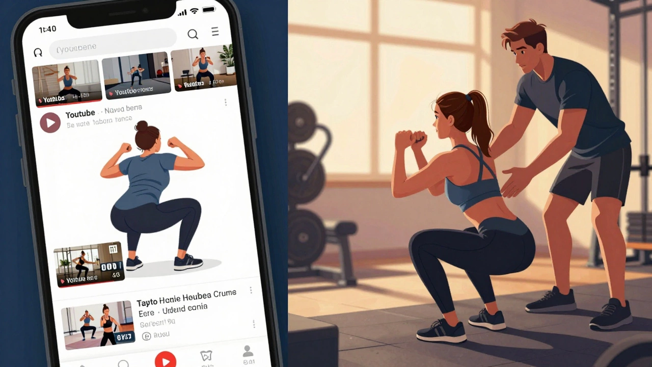 Comparison of incorrect and correct squat form: chaotic home workout vs. guided gym session with trainer.