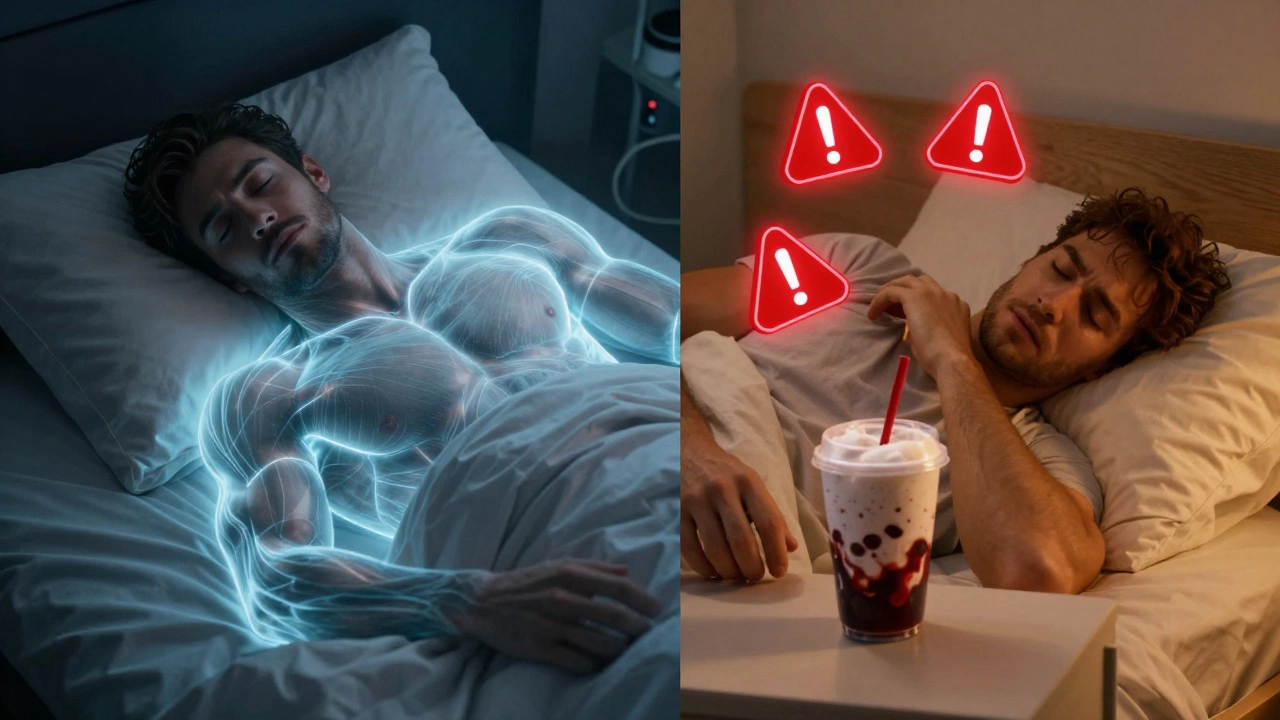 Contrasting images of restful sleep with clean protein vs disturbed sleep with sugary shake.