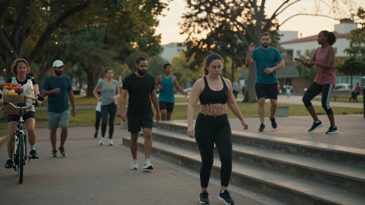People enjoying brisk walking, cycling, and dancing in a park, showing improved stamina and reduced fatigue from daily cardio.